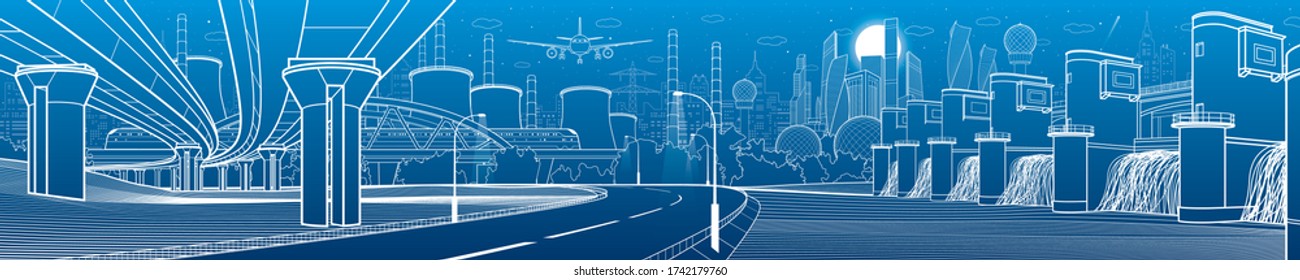 Hydro power plant. River Dam. Train rides on bridge. Illumination highway. Car overpass. City infrastructure industrial illustration panorama. Urban life. White lines on blue background. Vector design