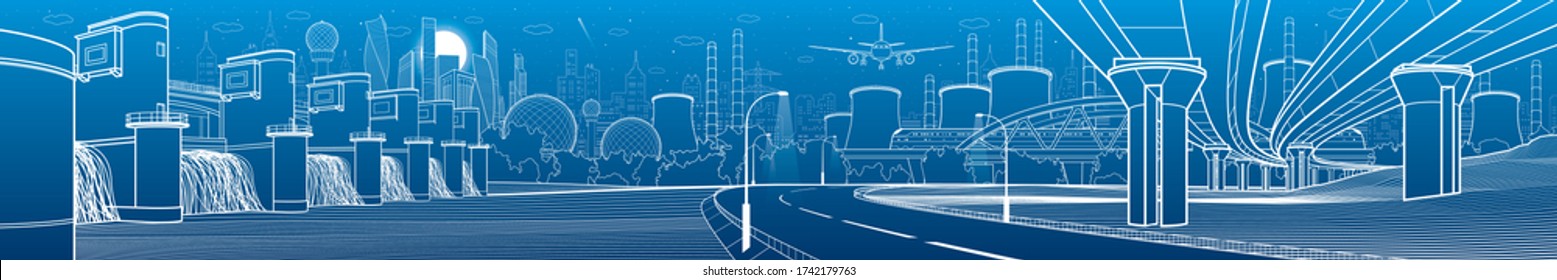 Hydro power plant. River Dam. Train rides on bridge. Illumination highway. Car overpass. City infrastructure industrial illustration panorama. Urban life. White lines on blue background. Vector design