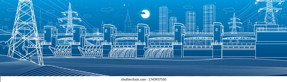 Hydro power plant. River Dam. Energy station. Power lines. City infrastructure industrial panorama. Urban life. White outline on blue background. Vector design art