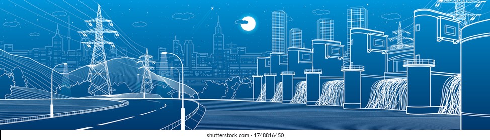 Hydro power plant. River Dam. Renewable energy sources. Illumination highway. City infrastructure industrial illustration panorama. Urban life. White lines on blue background. Vector design