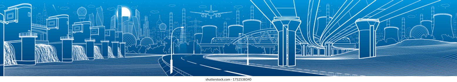 Hydro power plant. River Dam. Train rides on bridge. Illumination highway. Car overpass. City infrastructure industrial illustration panorama. Urban life. White lines on blue background. Vector design