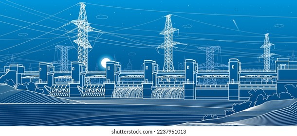 Hydro power plant. River Dam. Renewable energy sources. High voltage transmission systems. Electric pole. Power lines. City infrastructure industrial illustration. Vector design art