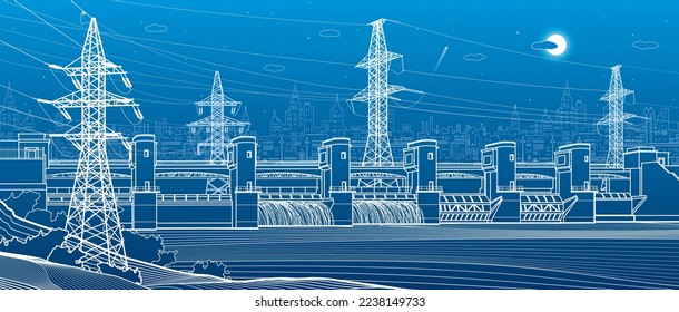 Hydro power plant. River Dam. Renewable energy sources. High voltage transmission systems. Electric pole. Power lines. City infrastructure industrial illustration. Vector design art