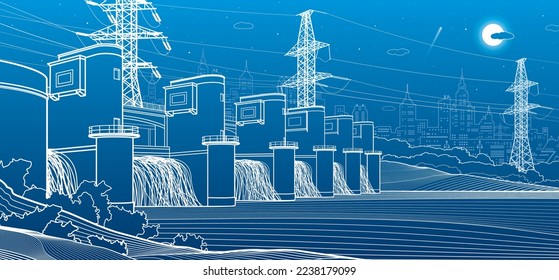 Hydro power plant. River Dam. Renewable energy sources. High voltage transmission systems. Electric pole. Power lines. City infrastructure industrial illustration. Vector design art