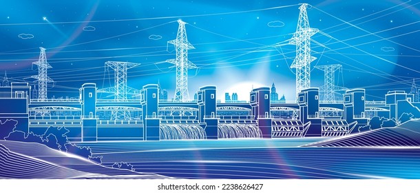 Hydro power plant. River Dam. Renewable energy sources. Neon glow. High voltage transmission systems. Electric pole. Power lines. City energy infrastructure industrial illustration. Vector design art