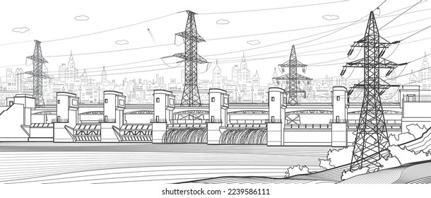 Hydro power plant. River Dam. Renewable energy sources. High voltage transmission systems. Electric pole. Power lines. City infrastructure industrial outline illustration. Vector design art