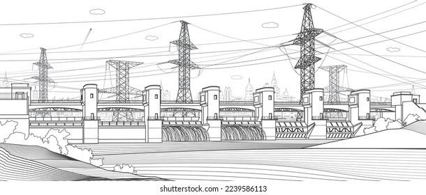 Hydro power plant. River Dam. Renewable energy sources. High voltage transmission systems. Electric pole. Power lines. City infrastructure industrial outline illustration. Vector design art