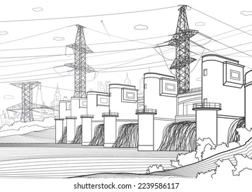 Hydro power plant. River Dam. Renewable energy sources. High voltage transmission systems. Electric pole. Power lines. City infrastructure industrial outline illustration. Vector design art