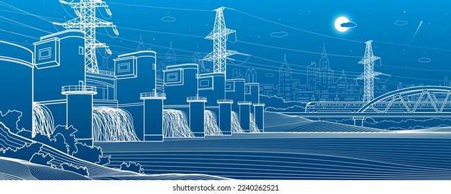 Hydro power plant. River Dam. Renewable energy sources. High voltage transmission systems. Power lines. Train rides on bridge. City infrastructure industrial illustration. Vector design art