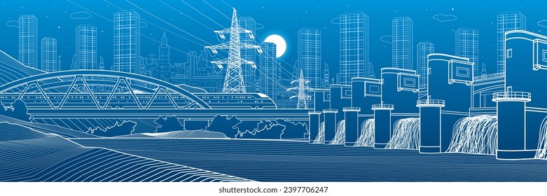 Planta hidroeléctrica. Presa del río. Fuentes de energía renovable. Sistemas de transmisión de alta tensión. Líneas eléctricas. Paseos en tren por el puente. Ilustración industrial de la infraestructura urbana. Arte de diseño de vectores