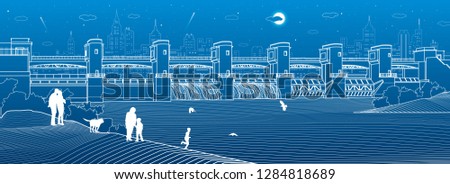 Hydro power plant. River Dam. Energy station. Water power.  People walk along shore. City infrastructure industrial illustration panorama. Urban life. White lines on blue background. Vector design art