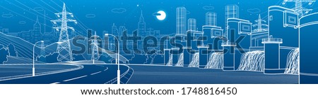 Hydro power plant. River Dam. Renewable energy sources. Illumination highway. City infrastructure industrial illustration panorama. Urban life. White lines on blue background. Vector design