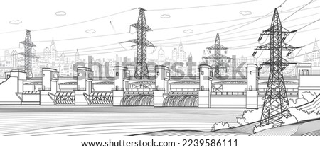 Hydro power plant. River Dam. Renewable energy sources. High voltage transmission systems. Electric pole. Power lines. City infrastructure industrial outline illustration. Vector design art