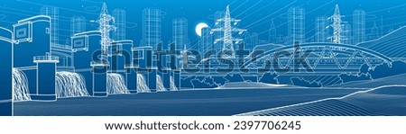 Hydro power plant. River Dam. Renewable energy sources. High voltage transmission systems. Power lines. Train rides on bridge. City infrastructure industrial illustration. Vector design art