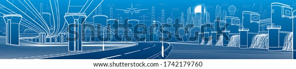 Hydro power plant. River Dam. Train rides on\
bridge. Illumination highway. Car overpass. City infrastructure\
industrial illustration panorama. Urban life. White lines on blue\
background. Vector\
design