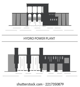 Hydro Power Plant Station Vector Illustration. Facade Of Hydro Electric Station. Flat Icon Style