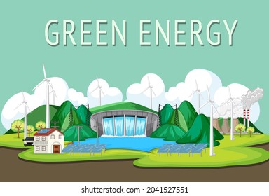 Hydro Power Plants generate electricity with green banner illustration