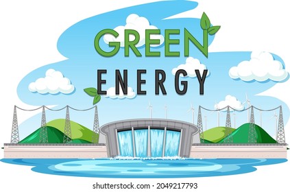 Hydro Power Plants generate electricity with green banner illustration