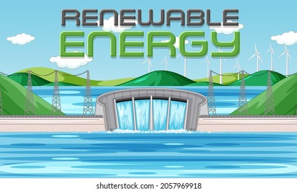 Hydro Power Plants generate electricity with renewal banner illustration
