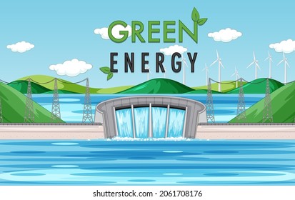 Hydro Power Plants generate electricity with green banner illustration