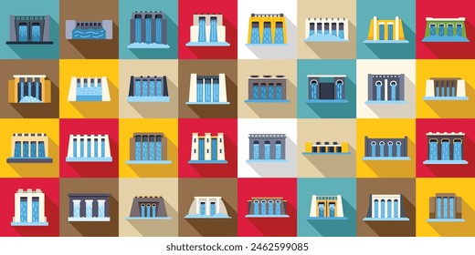 Hydro power station dam flat vector icon. A collection of buildings with water features in the foreground. The buildings are of various sizes and styles, and the water features are in different shapes