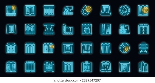 Hydro power station dam icons set outline vector. Water plant. Electric dam neon color on black