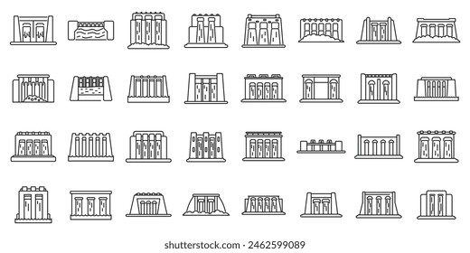 Hydro power station dam outline vector icon. A collection of buildings in various styles and sizes. Some are tall and narrow, while others are short and wide