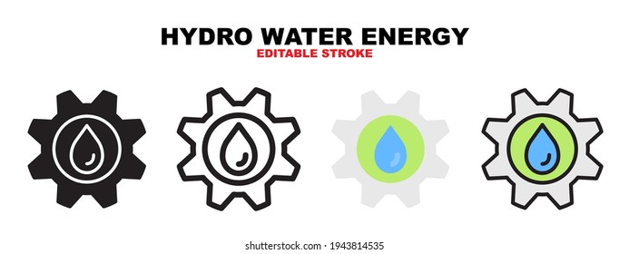 Hydro water energy icon set with different styles. Icons designed in filled, outline, flat, glyph and line colored. Editable stroke and pixel perfect. Can be used for web, mobile, ui and more.