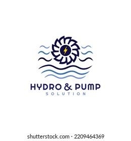 Hydro wheel for hydroelectric power logo vector. Icon for water dam machine engineering water power energy. Smart futuristic Pelton wheel and gear tech innovation. Apply to web site app business brand