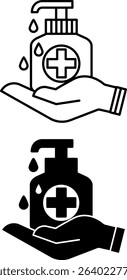 Hydroalcoholic Gel Icons. Black and White Vector Illustrations. Hand Disinfection Solution. Human Hand and Disinfectant. Hygiene Concept