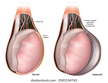 Hydrocele testis. Accumulation of serous fluid in a body cavity. Tunica vaginalis. Testis Anatomy Medical Illustration. Male Reproductive System Cross-Section