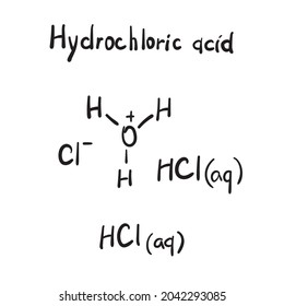 Hydrochloric Acid Molecule Formula. Hand Drawn Imitation Of Muriatic Acid Structural Model, Strong Acid Chemistry Skeletal Formula, Sketchy Vector Symbol