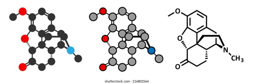 Hydrocodone narcotic analgesic drug molecule. Also used as cough medicine. Conventional skeletal formula and stylized representation, showing atoms (except hydrogen) as color coded circles. svg