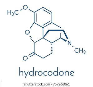Hydrocodone narcotic analgesic drug molecule. Also used as cough medicine. Skeletal formula. svg