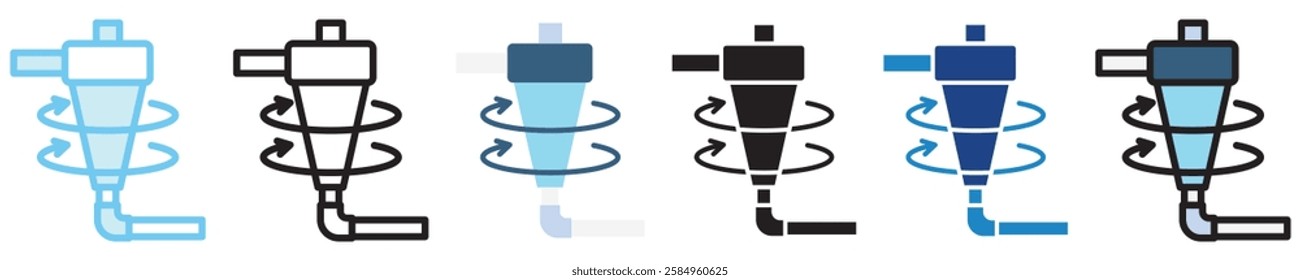 Hydrocyclone multi-style icon, outline, flat, glyph, dual tone, line color, UI, UX kit, app and web development, digital or print. For industry, education, ecology, environment, water treatment theme.