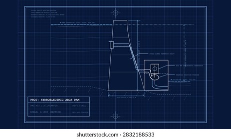 Hydroelectric arch dam engineering blueprint section blue blueprint grid style digital illustration industrial infrastructure project technical presentation background