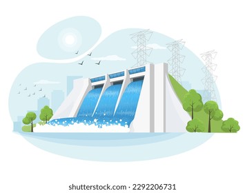 Hydroelectric clean power plant station factory. Renewable green sustainable hydropower energy generation with water flowing out reservoir dam. High-voltage power lines.