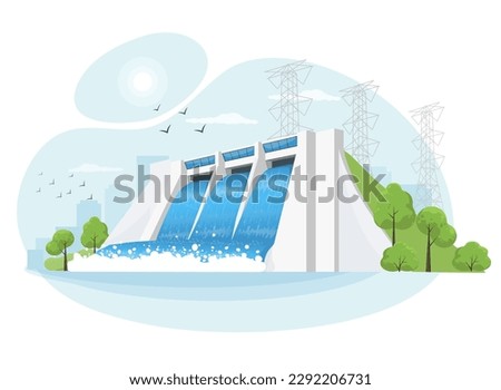 Hydroelectric clean power plant station factory. Renewable green sustainable hydropower energy generation with water flowing out reservoir dam. High-voltage power lines. ストックフォト © 
