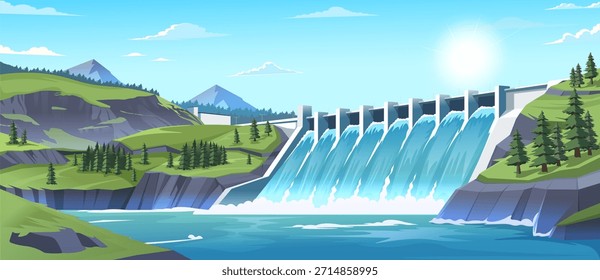Presa hidroeléctrica con agua en cascada rodeada de montañas, pinos y cielo azul claro. Concepto de energía limpia y naturaleza. Ilustración vectorial