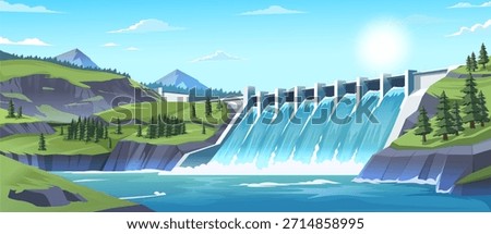 Hydroelectric dam with cascading water surrounded by mountains, pine trees, and clear blue sky. Clean energy and nature concept. Vector illustration