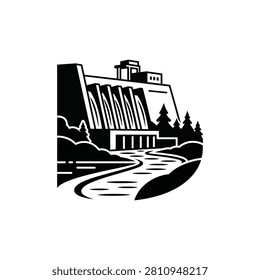 Of a hydroelectric dam facility featuring water flowing through spillways, pine trees, and a river, rendered in a bold black and white style on a clean white background, for web use