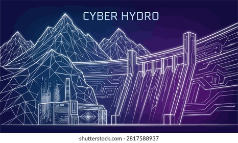 Hydroelectric dam features a digital circuit pattern design against a stylized mountain backdrop.