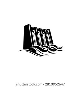 Hydroelectric dam featuring a concrete structure with water flowing over spillways, representing renewable energy and water power, isolated on a white background, black