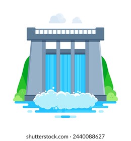 A hydroelectric dam in flat vector illustration style isolated on white background, representing the concepts of renewable energy and sustainable power generation through hydropower technology
