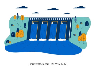 Hydroelectric dam with flowing water amid hills cartoon flat illustration. Hydro power. Renewable energy. Sustainable infrastructure 2D scene isolated on white background. Vector colorful image