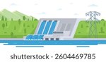 Hydroelectric dam with flowing water and environment. Editable Vector Illustration of a Renewable Energy Concept	