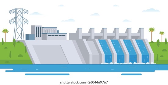 Hydroelectric dam with flowing water and environment. Editable Vector Illustration of a Renewable Energy Concept	