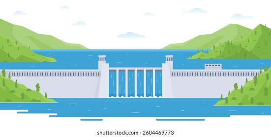 Hydroelectric dam with flowing water and environment. Editable Vector Illustration of a Renewable Energy Concept	