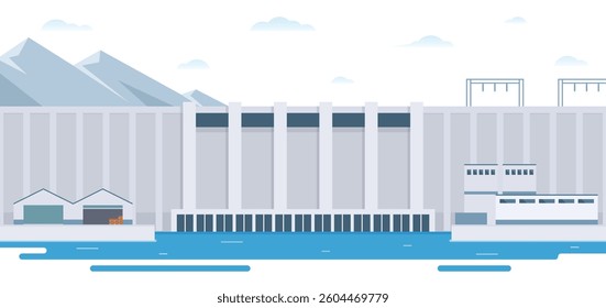 Hydroelectric dam with flowing water and environment. Editable Vector Illustration of a Renewable Energy Concept	
