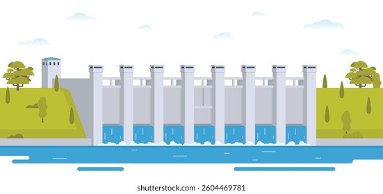 Hydroelectric dam with flowing water and environment. Editable Vector Illustration of a Renewable Energy Concept	